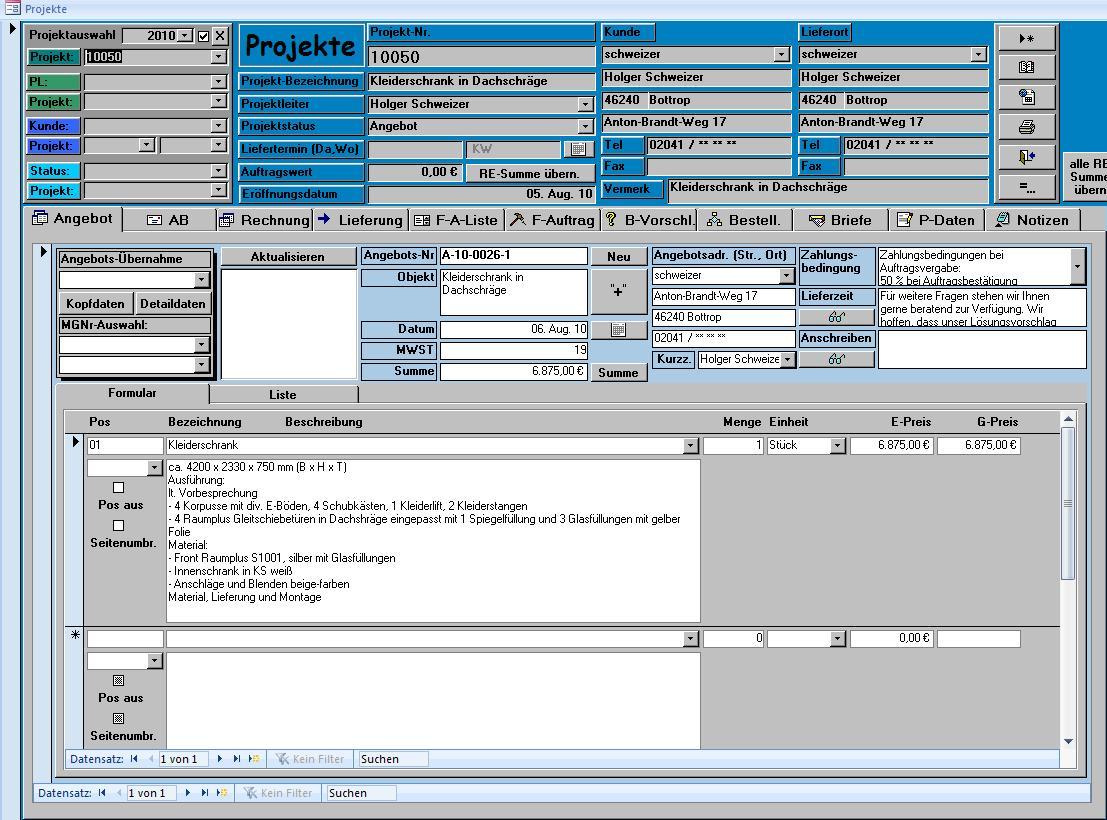 Screenshot Auftragsbearbeitung